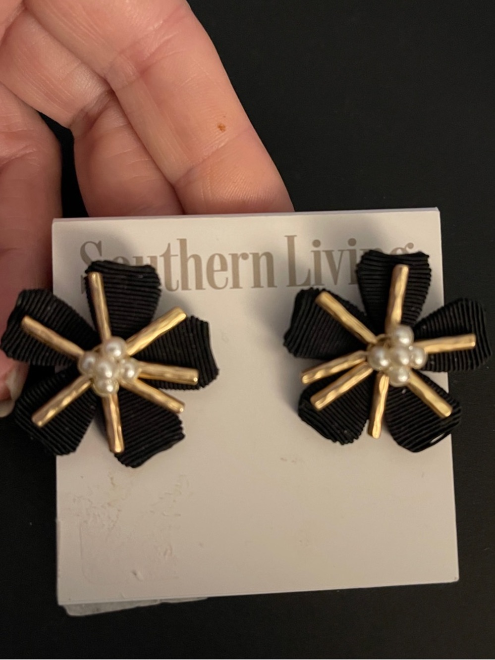 Southern Living Black Ribbon Flower Earrings with Gold Accents and Pearl Centers